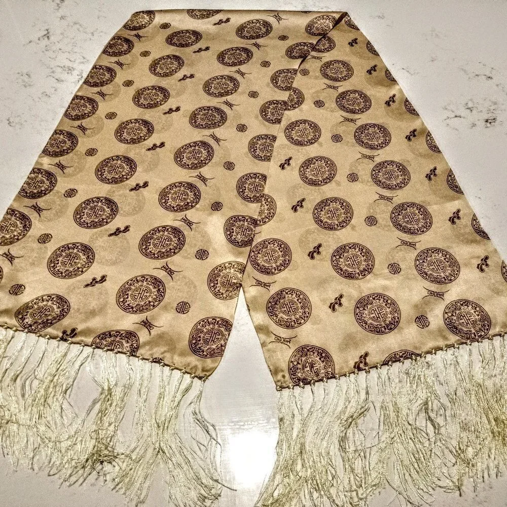 Chinese Beige Brown Silk Oblong Fringed Scarf
